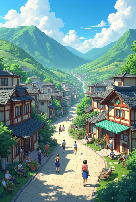 Create a town in a valley that reflects peace and tranquility where mainly elderly and older people live, although younger people also live there, using an anime style.