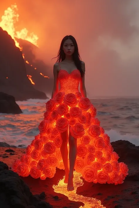 (8k, original photo, best quality,masterpiece:1.2),(actual, photorealistic:1.37), 1 girl,long legs, Full body female love,(lava:1.3),ocean,Rose-shaped dress made of lava，volcanic eruption rock flow，infrared photography, 1.4x more realism，ultra high definit...