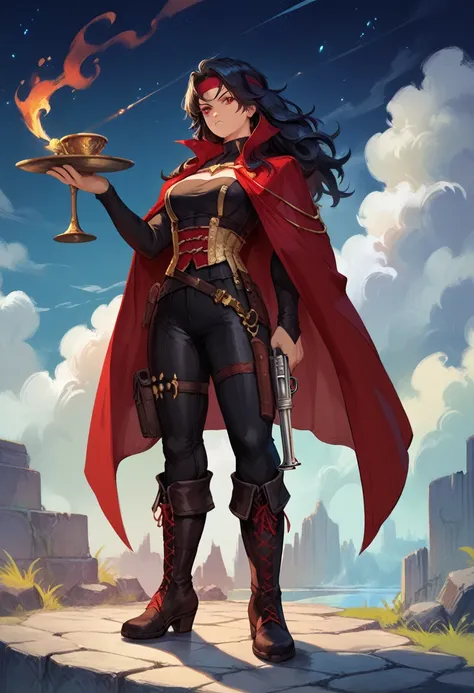 masterpiece, dark fantasy anime concept style, a gunslinger adventurer with long messy black hair, red headband, wearing a worn ...