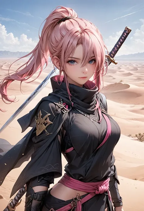 masterpiece, best quality, cowboy shot, A female, battle pose, detailed facial features, high ponytail color with long tip hair, pink color hair, (hair over one eye), wearing A desert-toned outfit with a loose-fitting, sand-colored cloak over her ninja att...