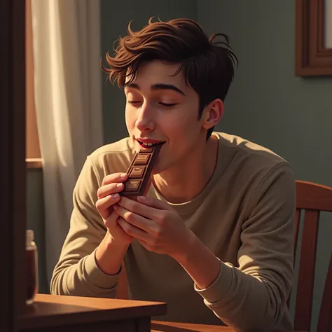 The young man smiles as he takes a piece of Milka chocolate and brings it to his mouth, closing your eyes to fully enjoy the softness and flavor. The scene conveys calm and satisfaction, while his expression reflects the magic of the moment.