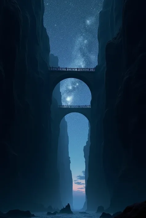 Bridge emerging into a vertical space with a starry sky
