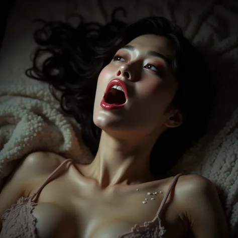 a beautiful japanese woman, open mouth, dripping white milk, , highly detailed, realistic, photorealistic, masterpiece, 8k, HDR, professional studio lighting, cinematic, epic, Dramatic face, Godley, Lying on your back on the bed, ((from Dirty Above))