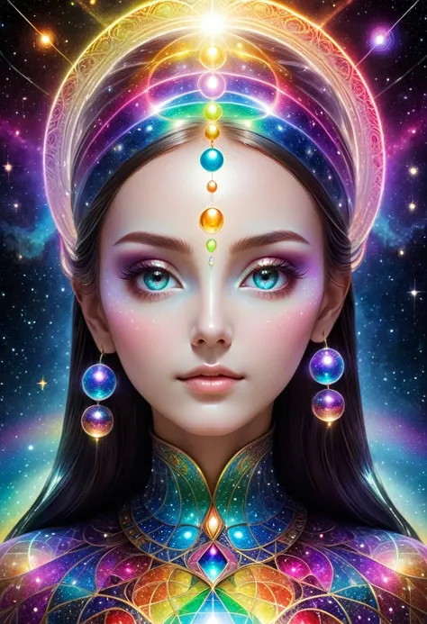 Ethereal, luminous being with an ancient and wise presence. Diffuse humanoid form made of light and energy, shimmering with all colors of the rainbow. Eyes like galactic orbs. Voice resonating like a melodious echo. Geometric patterns adorn their body, con...