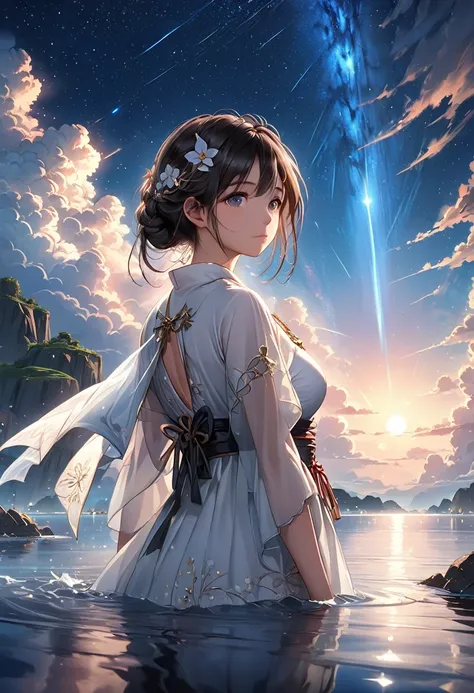 1 girl, eye, close up, beautiful night sky, meteor shower, beyond the clouds, water surrounded, reflections, wide angels, breathtaking clouds, wide angle, by makoto shinkai, thomas kinkade, james gilleard, by holosomnialandscape, hdr, volumetric lighting, ...