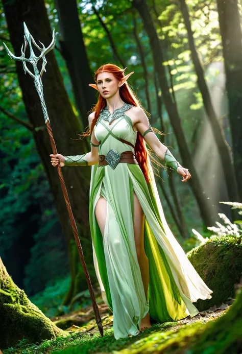 strong woman, a white elf, center of the image, Druid, light green dress, angelic vibe atmosphere, the elf is redheaded, strong body, strong arms and legs, thick leg, reddish brown hair, she carries a silver staff, muscular, strong elf, robusta
