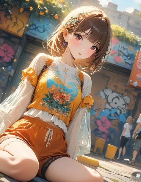 fashion girl,sports shorts, wariza, street graffiti, (extremely delicate and beautiful: 1.2), movie angle,(beautiful details eye...