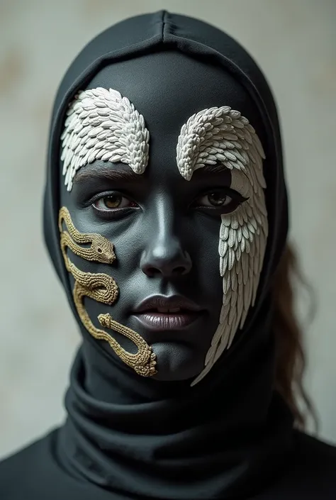 The face mask has an angel wing pattern on the right and a snake pattern on the left 