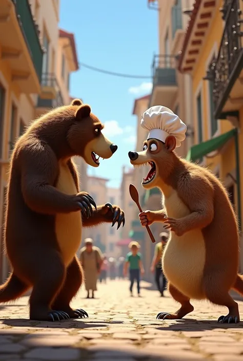 Make a banner of a fight between Peruvian bear and Linguini from Ratatouille (The Peruvian bear is shorter than linguine)
