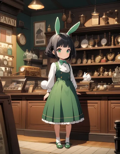 (highly detailed:1.2), full body shot of petite bunnygirl, jade-green eyes, short black hair with green highlights, small white fluffy tail, wearing vintage-inspired professional attire, standing behind pawnshop counter, antique items visible in background...