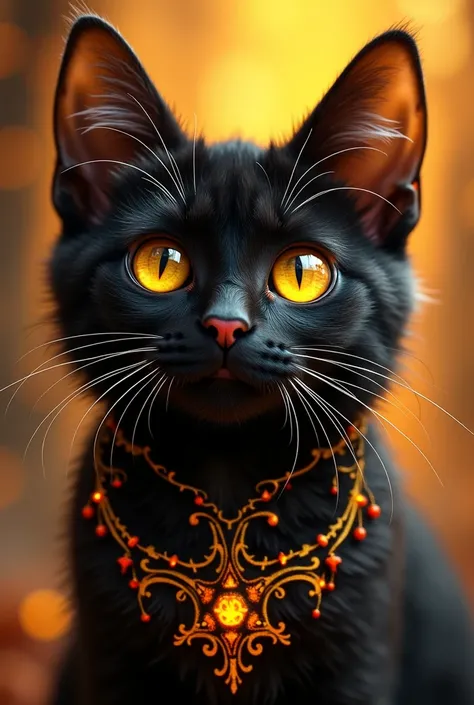 A captivating digital illustration portrays a magical black cat adorned with intricate golden and orange filigree patterns, creating an enchanting fantasy-inspired aesthetic. The cats large, luminous yellow eyes with piercing pupils hold the viewers attent...