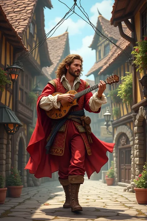 A male bard in red medieval bard clothes walking through an extremely medieval European town playing a medieval mandolin. (Make the image unrealistic)