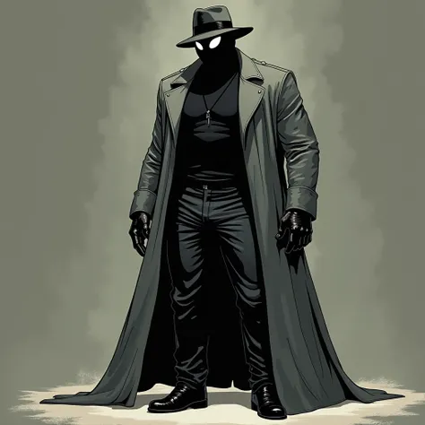 A white skinned human wears a black full mask with white eyes, wears a black sweater with black pants and black boots, over which he wears a long gray  coat that was almost to the feet. he also wears black gloves and a gray fedora hat. He is 7 feet tall an...