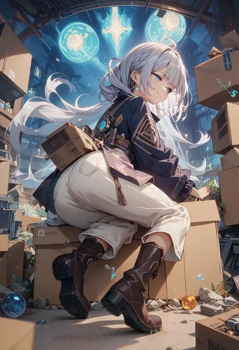 1girl,Alone, looking away, anime, from behind, smug ness, beautiful Hand, nsfw, silver Hair, (Stomping on a crushed cardboard box:1.3), (Genshin Impact:0.8), (masterpiece, ultra-detailed), Ultimate Quality, (Dark Laboratory), night, room, boots