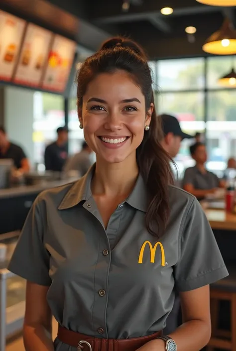 A Brazilian woman wearing a gray McDonald&#39;s shirt inside a McDonald&#39;s store
