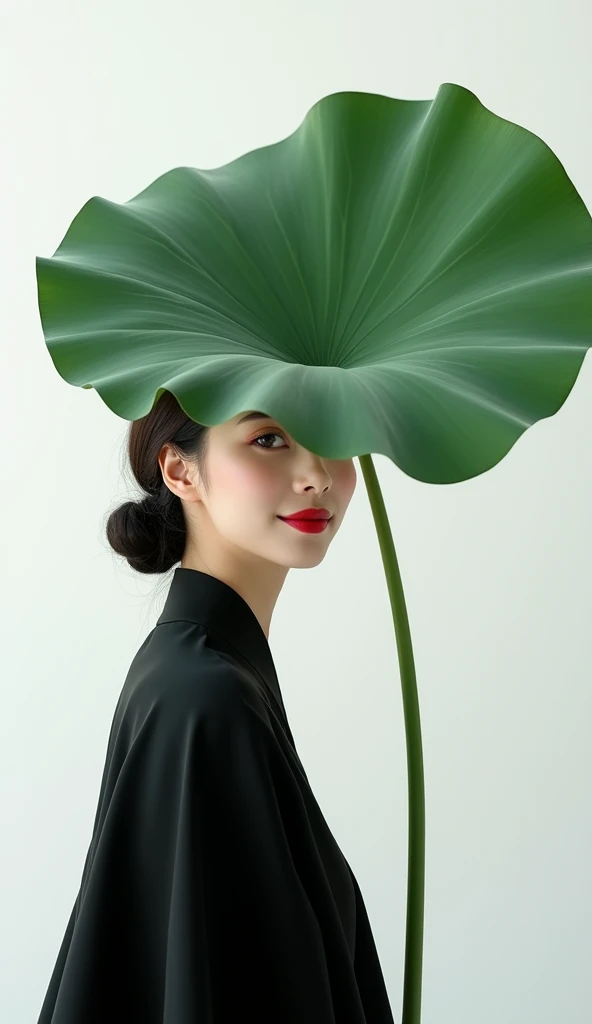 Mid-shot, half-length, elegant Shanghai woman, a large green lotus leaf on her face, covering half of her face, beautiful eyes, long eyelashes, smiling with red lips, clean face, smooth lines, black Hanfu, pure white background, ethereal Zen, large blank s...