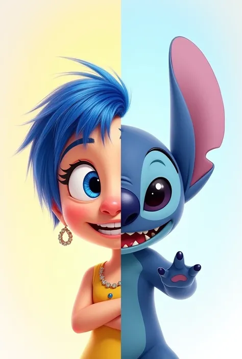 Create a vertically split image. on one side, I want Joy to appear, that blue haired character from the cartoon "Inside Out". On the other side I want the character Stitch to appear, from the cartoon Lilo & Stitch.