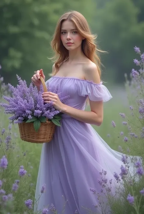 Woman in lilac dress holding hands holding a basket full of lilac lavender flowers 