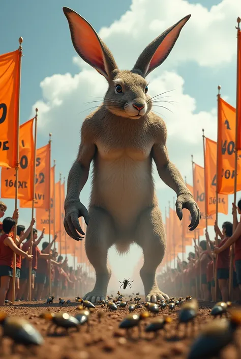 A giant rabbit killing several crickets and around people with orange flags with the number 40 written on them celebrating 