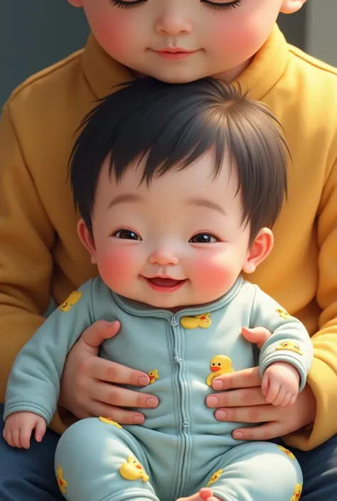 A four-month-old Korean baby girl. She has thick black hair, Small nose, the small face, thin almond shaped eyes slanted, Well-defined, full, plump lips with a well-drawn cupid&#39;s bow in the shape of a heart Smiling and has a dimple in her cheek She is ...