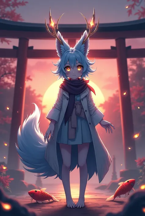 fox Light blue hair 　beast girl　indigo fur　fox beast girl　Sesshomaru, Yellow eyes, Anime, Perfect face, Perfect Lighting, Outdoors, Warm colors, Dark purple sky, Autumn sunset,  (inuyasha), Bearing Claw, Ready to fight　wave, koi fish, anime artstyle, wide ...