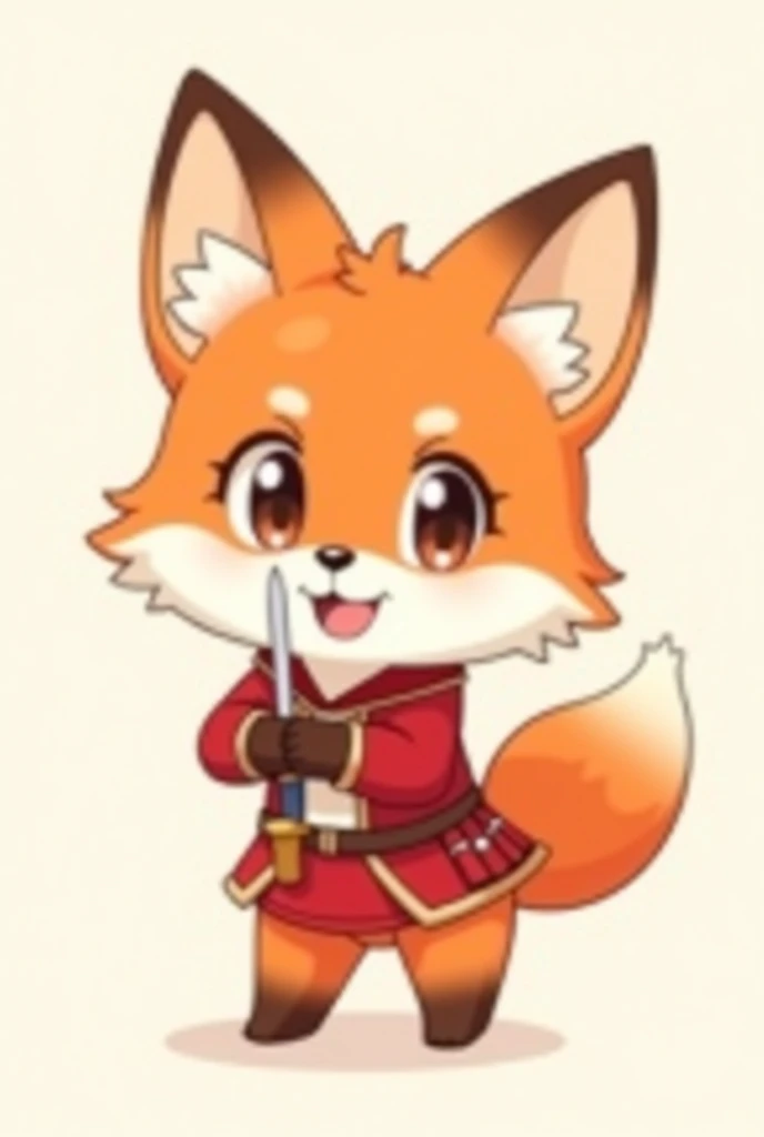 Animal cartoon, cute chibi cartoon, fox chibi cartoon, hold sword, wear cute sexy red uniform, very cute, smile proudly