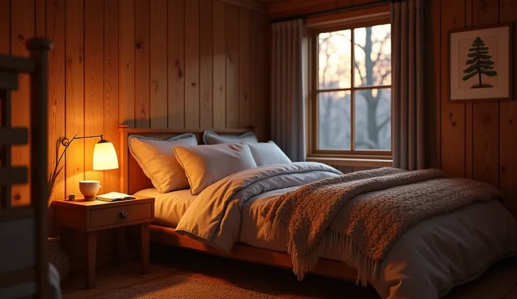 A snug, wooden bedroom, with rich oak walls and a soft, warm glow from a bedside lamp. The bed has plush pillows and a thick quilt, and theres a small wooden nightstand with a cup of tea and a book on it. A window shows the gentle twilight outside, with tr...