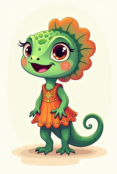 Cute animal cartoon, chameleon chibi cartoon, wear cute dress, beautiful chameleon, very happy