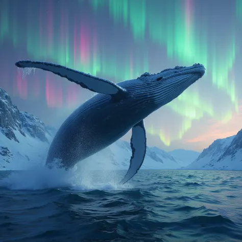 Giant Pastel Rainbows colors humpback whale jump from the cold sea water  , iced sea water ,Alaska, night time northern light in the sky 