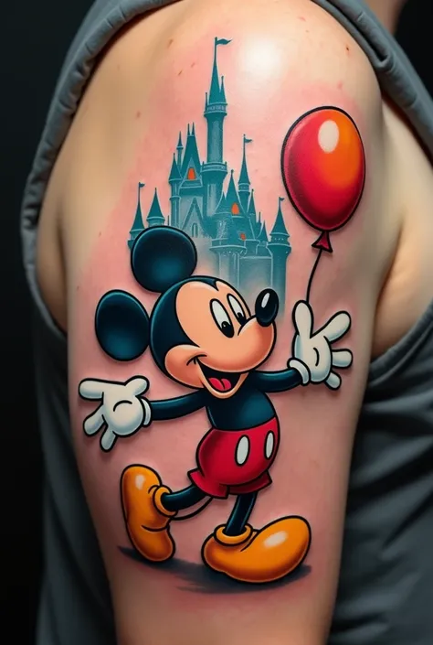 Act like an experienced tattoo artist, which has already won several awards, extremely creative, specialized in drawings.
Crie uma tatuagem com o Mickey Mouse, castelo disney, party balloon, as a tribute from father to son