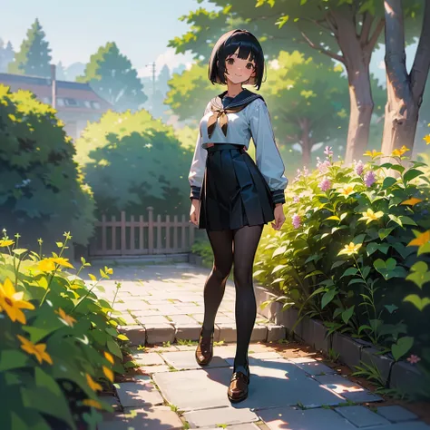 (Best Quality, High resolution, Super detailed, Realistic:1.37), Peaceful atmosphere, (Outdoor, garden), Teenage girl standing alone,(My breasts are large.),Beautifully detailed features, Cute Smile, ((Black bob hair)),Sailor suit, Pleated skirt,Black tigh...