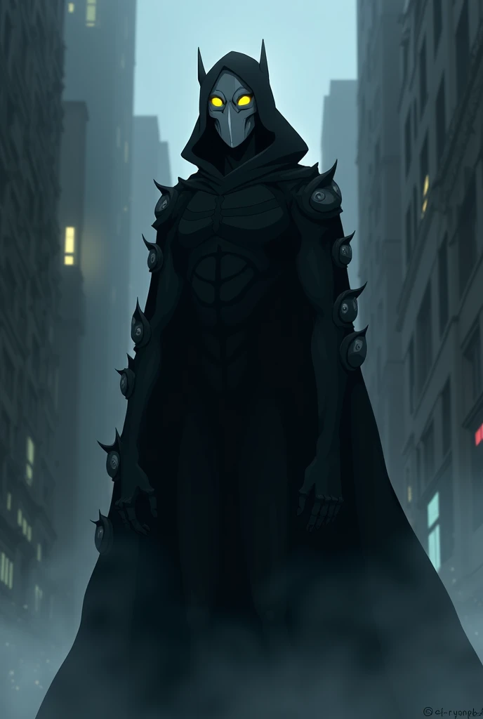 I want a creature he is tall and thin and very thin his body is covered by a black hooded cloak that covers his entire body and he is wearing a white Batman mask with yellow eyes Only the skin is completely black and he has some eyes on his arm he is in Go...