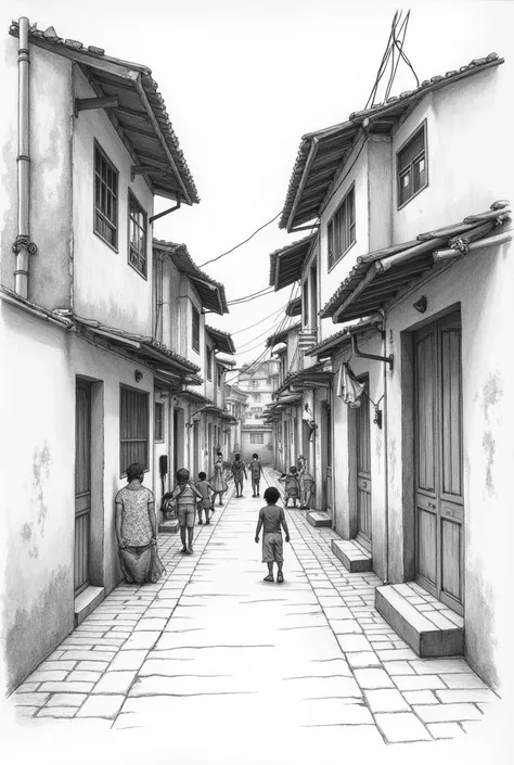 I want a pencil drawing, from a favela in Brazil, with a hallway, and the houses on its sides 