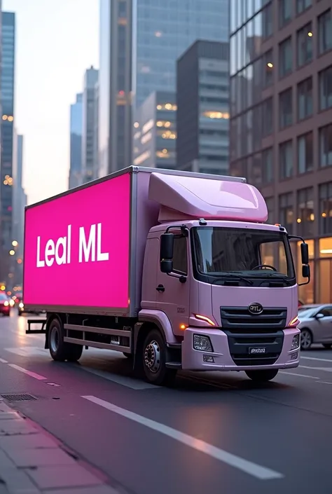 Image of a truck with the company name LEAL ML in pink