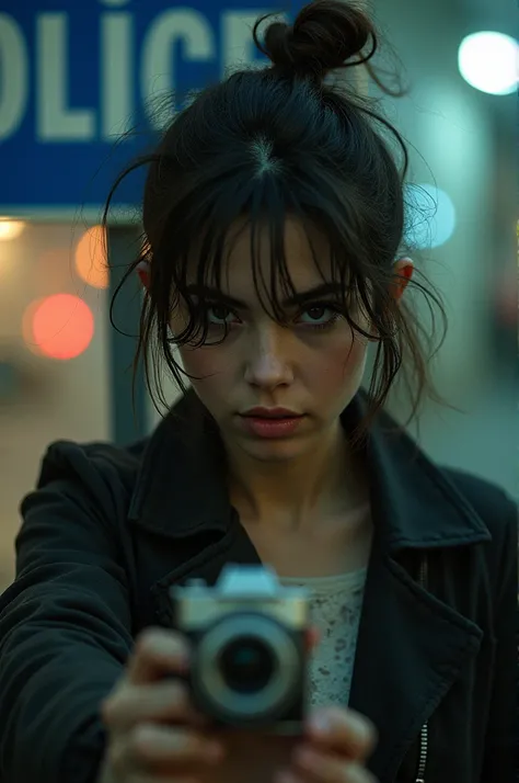 Imagem 2: a young woman, with messy hair, visibly tense, taking a picture with a police sign. She has a defiant look. Next to you, a sign shows "Suspicion: Ana Pereira".