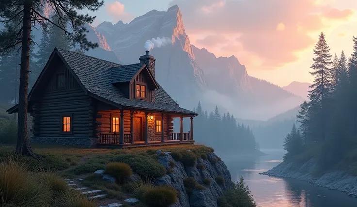 A picturesque mountain cabin overlooking a river, with the setting sun casting a soft pink and golden glow over the scene. The cabin is made of dark wood and has a stone chimney with smoke gently drifting upward. Below the cabin, a peaceful river flows, re...