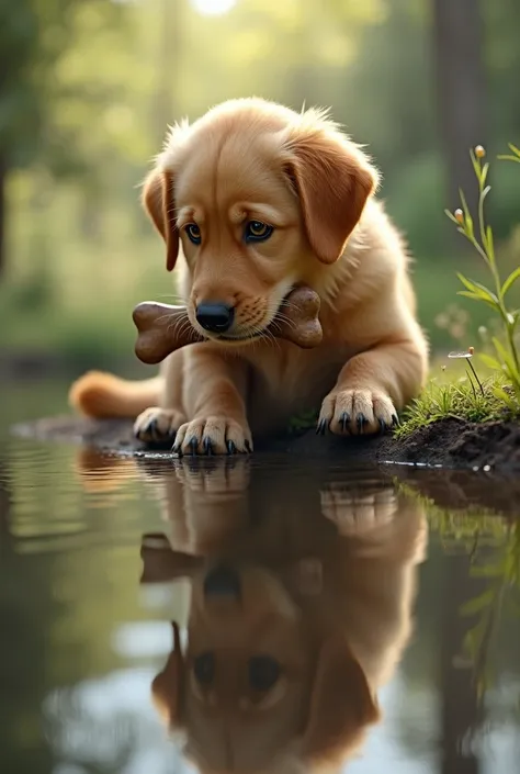  The dog with a bone in his mouth looking at his reflection 
