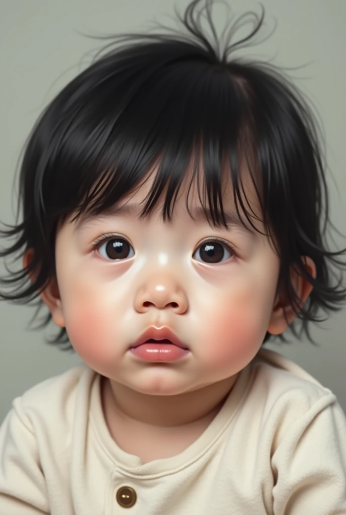 A one-year-old Korean baby girl.
 She has thick black hair with bangs. Small nose, the small face, thin almond shaped eyes slanted, thick, fleshy, well-defined and full lips with a well-designed cupid&#39;s bow in the shape of a heart With a sad pout 