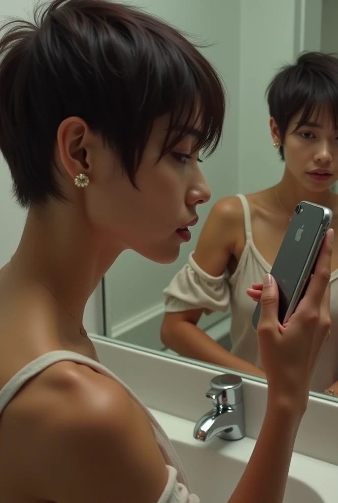 (photorealism:1.2), beautiful woman, sitting on room, wearing loose off tank top, holding iphone in mirror, wolf cut haircut, in bathroom