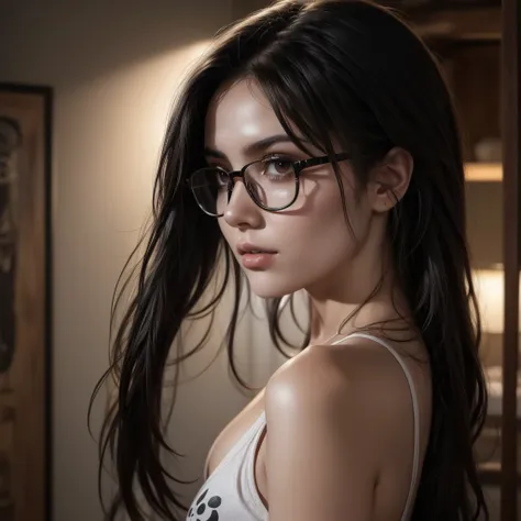 girl with glasses white skin long black hair full profile dressed in black with a skull print in a dark place brown eyes