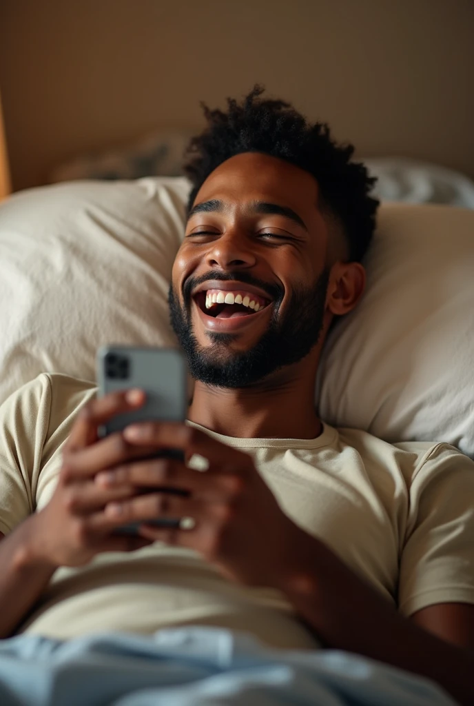 generate an image of a black young man with low cut hair laying on her bed laughing and texting on her phone with a in love expressions 