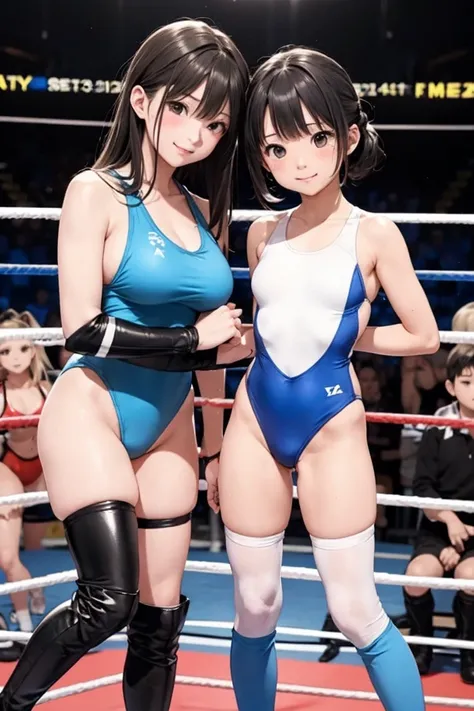 Two cute girls、アイドルProfessional wrestlingラー、White leotard swimsuit、Light blue leotard swimsuit、Knee-high socks、Wrestling Boots、Professional wrestling、Professional wrestlingの試合、On、fight