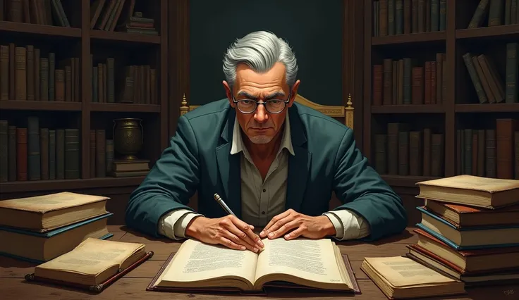 Cayce studying deeply, surrounded by old books and manuscripts on a wooden table. With his serene and focused posture, your striking facial features — oval face, clear eyes behind thin-rimmed glasses, and slicked-back gray hair—remains sharp.