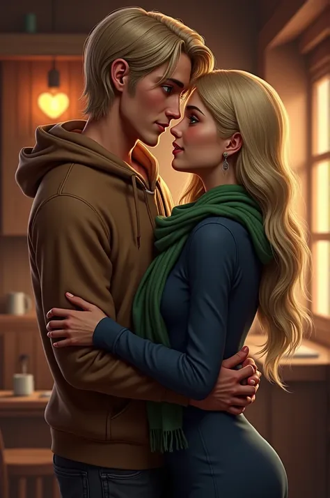 Realistic digital art. The man is blond, medium hair, hair parted in the middle and swept back.  and green eyes, he wears a brown coat sweatshirt. 
she has long blonde hair, brown eyes. she wears a navy blue long sleeve dress and a green scarf. They are in...