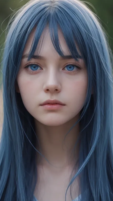 portrait of a girl. European. extremely detailed face. delicate features. half-closed eyes. blue eyes. long straight hair, bangs. blue hair. sad. angry. shy