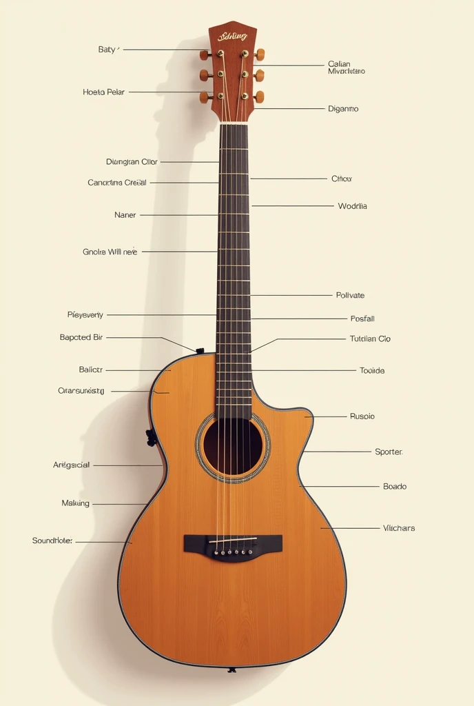 Generate an acoustic guitar with its parts in English and Spanish 