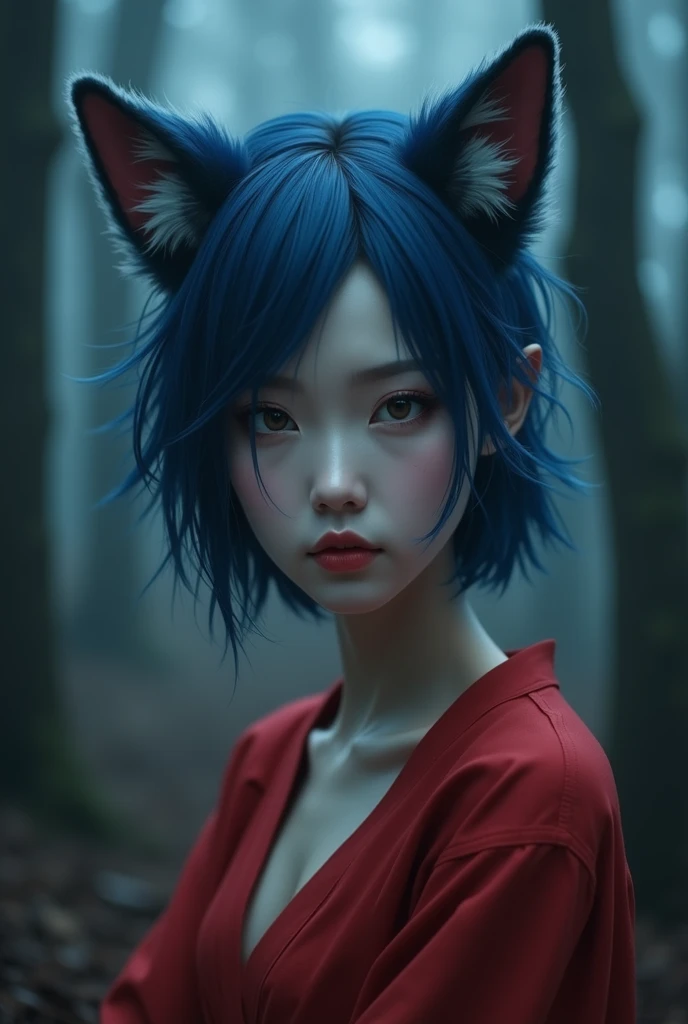 woman, korean, sexy, indigo blue hair, light brown eyes, short indigo blue fox ears, gumiho, redish lips, red hanbok, dark woods, fog, mistery, nightime, fox, pale skin, serious, close up