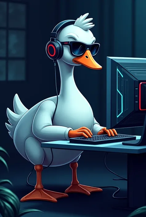 A goose with dark glasses with headphones playing on a gamer computer with a night-colored background in a drawing 