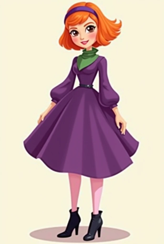 A cartoon image of a barbie  ,short orange hair ,brown eyes ,dressed in a long-sleeved purple dress  ,pale pink tights , purple headband on head ,black heeled ankle boots ,green neckerchief 