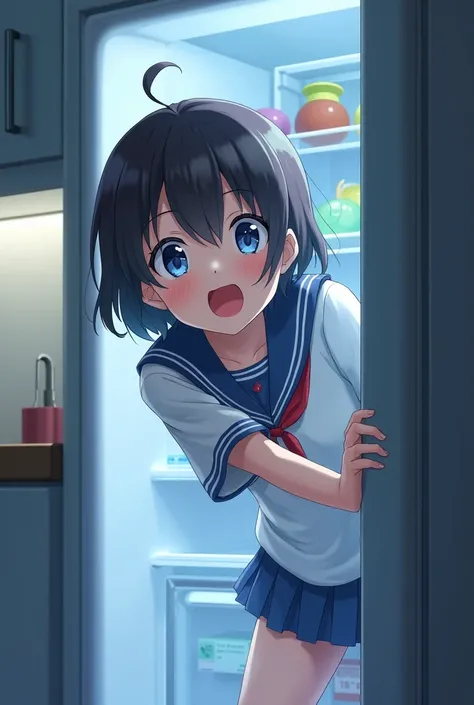 A high school girl excitedly opens a refrigerator, her eyes wide with anticipation. She leans forward, eagerly looking inside to see what treats or surprises might be waiting for her. Her expression is one of joy and curiosity, capturing the moment of exci...